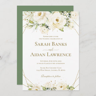 Invitation Mariage à cadre or rose blanche