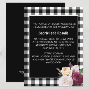 Invitation Mariage à carreaux bisons noir et blanc rustique