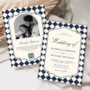 Invitation Mariage à carreaux bleu marine et ivoire à l'ancie