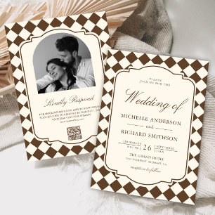 Invitation Mariage à carreaux brun ivoire à l'ancienne