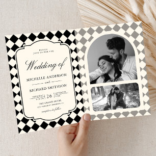Invitation Mariage à carreaux ivoire noir à l'ancienne
