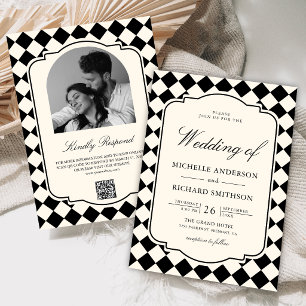 Invitation Mariage à carreaux ivoire noir à l'ancienne
