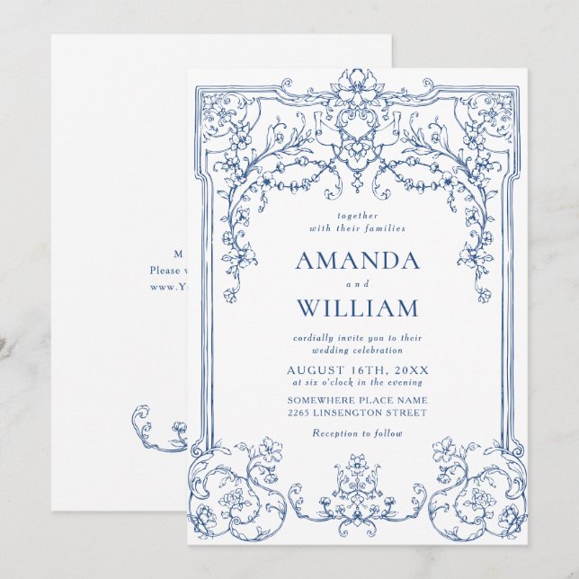 Invitation Mariage à charpente florale Bleu Victorien Orné Gr (Devant / Derrière)