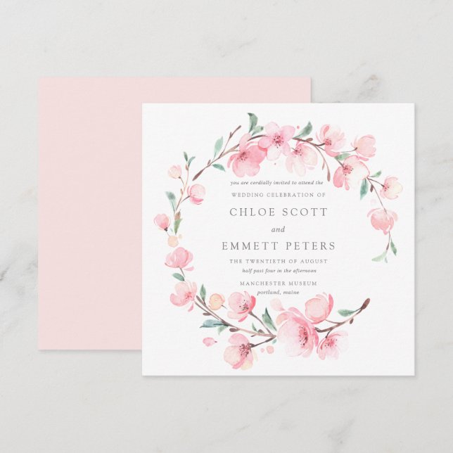 Invitation Mariage à charpente florale en fleurs de cerisier  (Devant / Derrière)