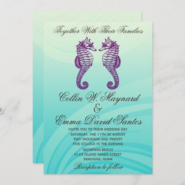 Invitation Mariage à cheval de mer bleu et pourpre (Devant / Derrière)
