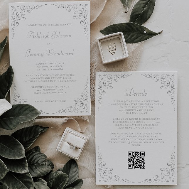 Invitation Mariage à code QR de cadre botanique Silver Script (Créateur téléchargé)