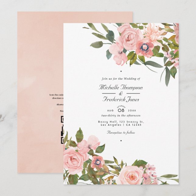 Invitation Mariage à code QR floral rose et or rose (Devant / Derrière)
