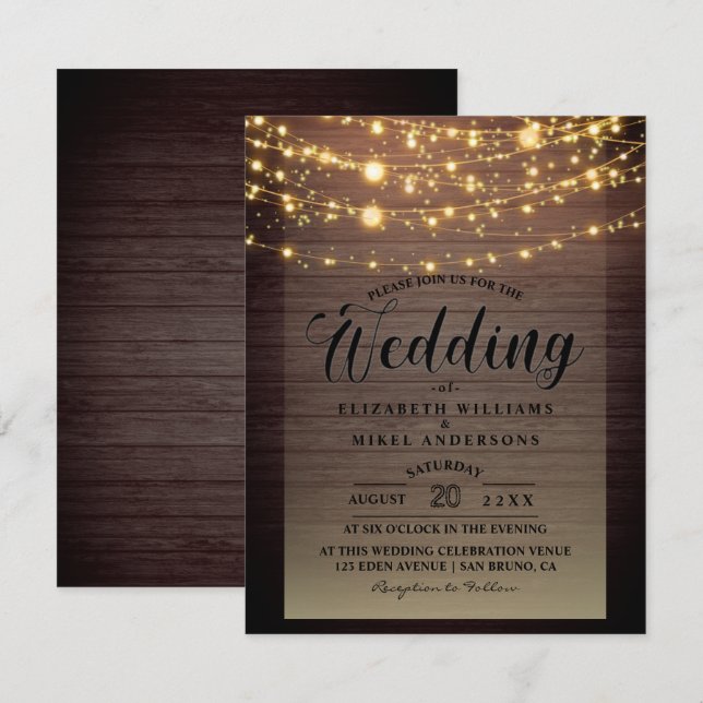 Invitation Mariage à cordes en bois foncé rustique (Devant / Derrière)