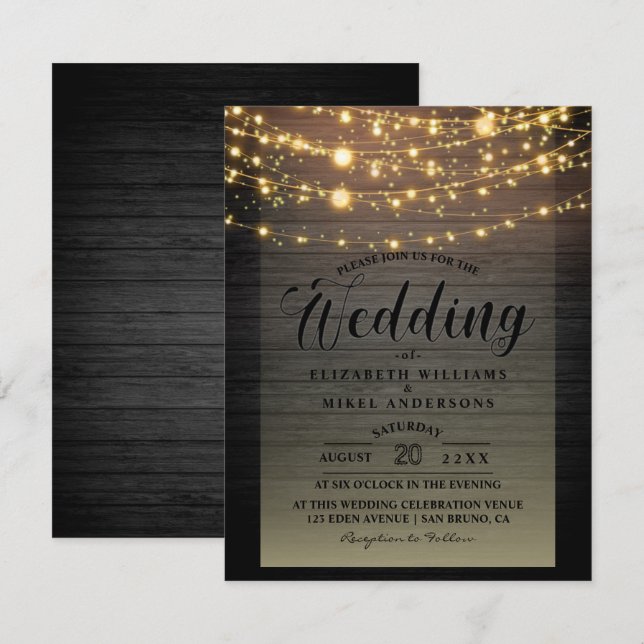Invitation Mariage à cordes en bois foncé rustique (Devant / Derrière)