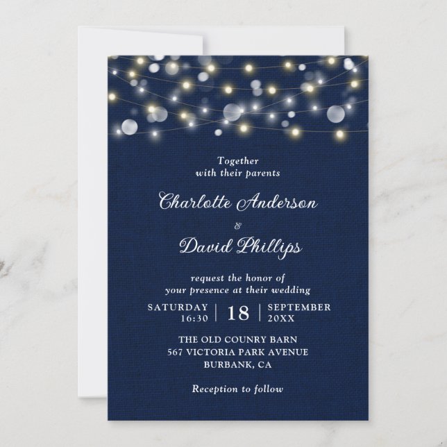 Invitation Mariage à cordes rustique bleu marine (Devant)