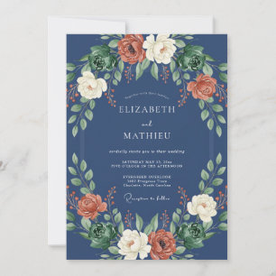 Invitation Mariage à couronne florale bleu marine