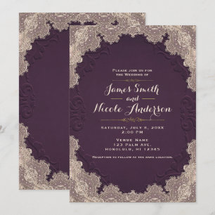 Invitation Mariage à Dentelle Vintage Cuir Suede Violet Prune