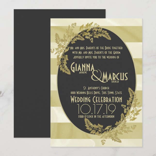 Invitation Mariage à feuilles modernes et à feuilles d'or (Devant / Derrière)