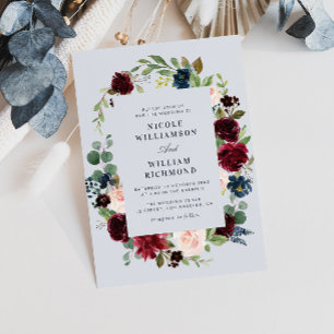 Invitation mariage à fleurs bleues bordeaux