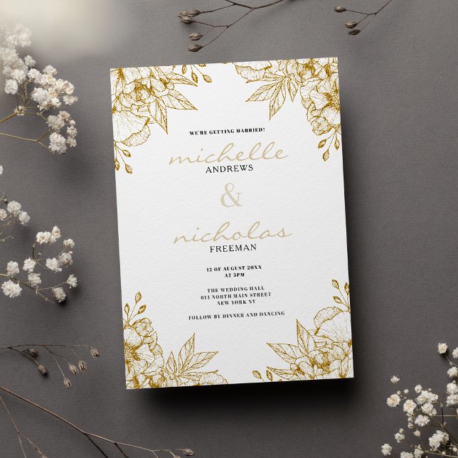 Invitation Mariage à fleurs de parties scintillant blanche et (Luxury white and gold glitter floral wedding)