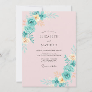 Invitation Mariage à Fleurs en Teinte Cyan avec Coup de Pince
