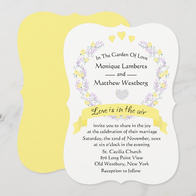 Invitation Mariage à fleurs florales jaunes violettes (Devant / Derrière)