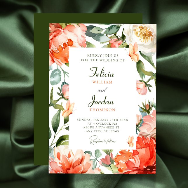 Invitation Mariage à fleurs florales vert orange (Créateur téléchargé)