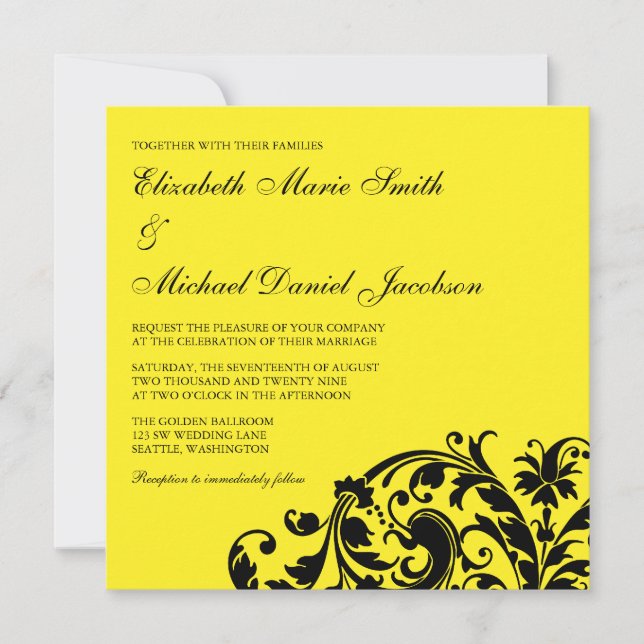 Invitation Mariage à fleurs jaunes et noires (Devant)