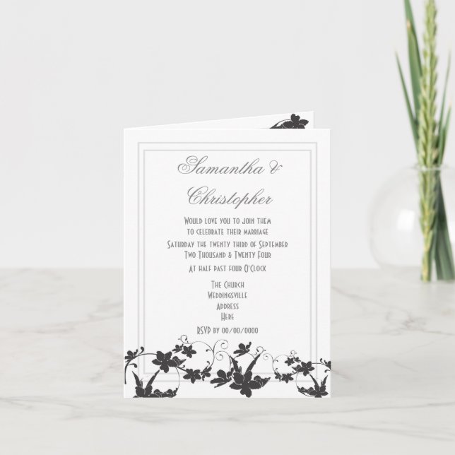 Invitation Mariage à fleurs noir et blanc (Devant)