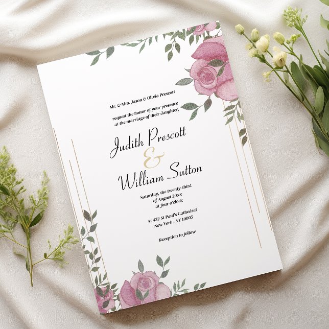 Invitation Mariage à fleurs romantique rose menthe (Botanic mint pink white romantic floral wedding)