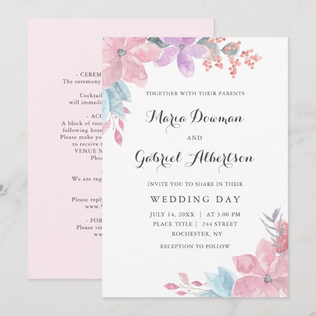 Invitation Mariage à fleurs rose aquarelle. Jardin vierge (Devant / Derrière)