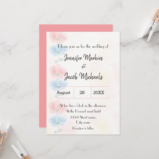 Invitation Mariage à fleurs rose et bleu (Devant/Arrière en situation)