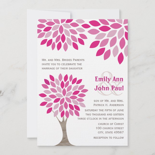 Invitation Mariage à fleurs rose et framboise moderne Arbre T (Devant)