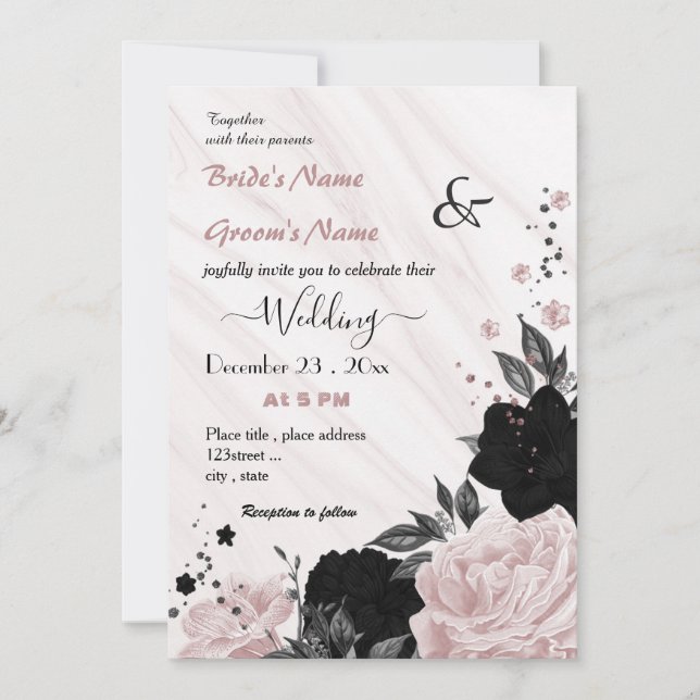 Invitation mariage à fleurs rose et noir (Devant)