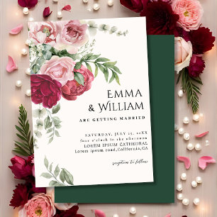 Invitation Mariage à fleurs rose vif et marsala Rose pivoine