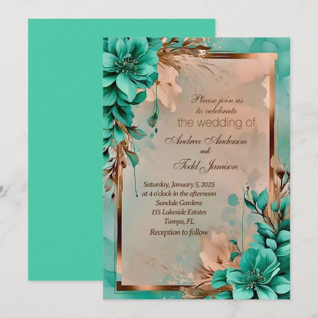 Invitation mariage à fleurs turquoise et cuivre (Devant / Derrière)