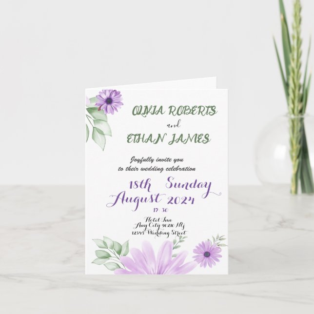 Invitation Mariage à fleurs violet d'aquarelle (Devant)
