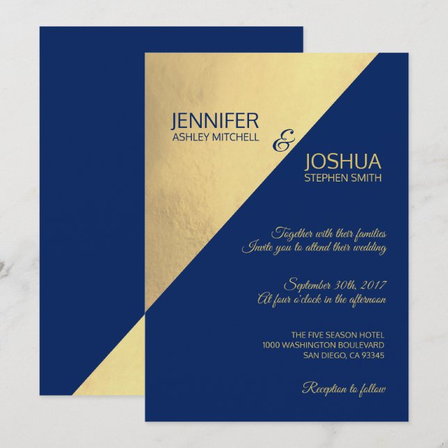 Invitation Mariage à huile bleu et or de marine moderne uniqu (Devant / Derrière)