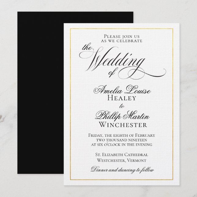 Invitation Mariage à huile d'or noir élégant moderne (Devant / Derrière)