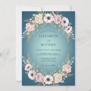 Invitation Mariage à la Bordure Florale Lumineuse Sarcelle