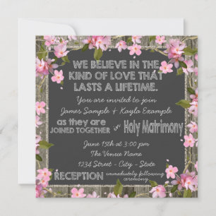 Invitation Mariage à la craie en bois de grange rustique ceri
