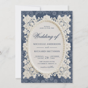 Invitation Mariage à la Dentelle de Broderie d'Ivoire Bleu Ma