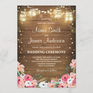 Invitation Mariage à la fête Floral Rustic Wood