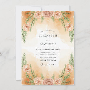 Invitation Mariage à la feuille peinte pêche poussiéreuse
