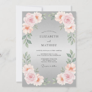 Invitation Mariage à la feuille rose pétale argentée