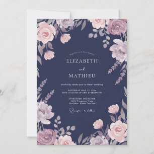 Invitation Mariage à la Fleur de Pétale Bleu Marine