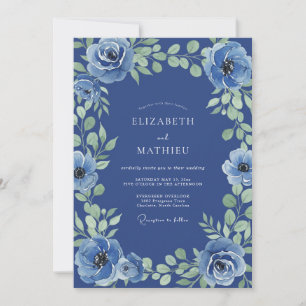 Invitation Mariage à la Floraison Bleu Cobalt