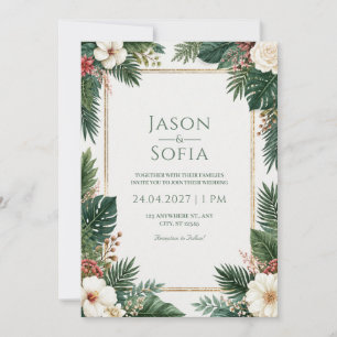 Invitation Mariage à la frontière tropicale dorée de l'Hibisc