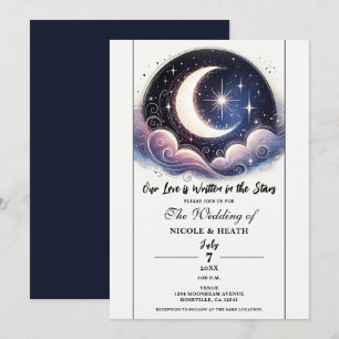 Invitation Mariage à la Lune en aquarelle Écrit dans les étoi