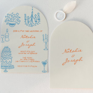 Invitation Mariage à la main bleu orange arqué Fantaisiste