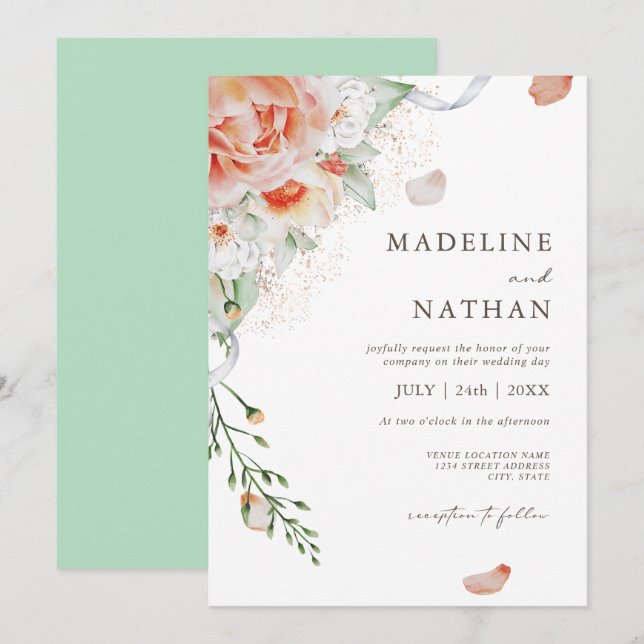 Invitation Mariage à la menthe verte, à la pêche et blanche (Devant / Derrière)