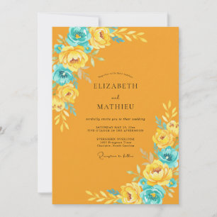 Invitation Mariage à la Moutarde Cyan Ranunculus Eucalyptus