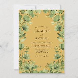 Invitation Mariage à la moutarde, olive, feuillage et eucalyp
