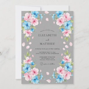 Invitation Mariage à la pétale rose azur acier