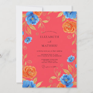 Invitation Mariage à la Pivoine Azur Corail Atténué